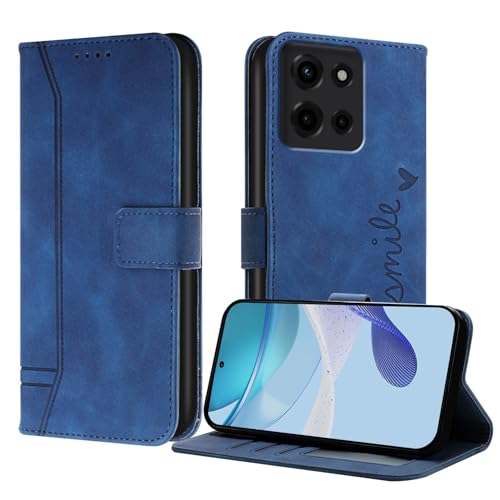 Étui portefeuille pour Moto G 5G 2025 en cuir bleu sourire avec porte-cartes