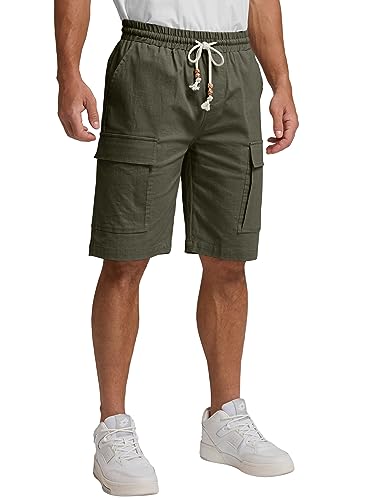 Sailwind Mens Cargo Shorts Solid Color Casual Linen Work Shorts Smart Summer Beach Shorts with Elastic Waist and Pockets (Olive Green, M, 34-36)