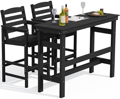 SERWALL Outdoor Bar Table and Chairs Set, Adirondack Bar Chairs Set of 2 and Bar Height Table, All Weather HDPE Outdoor Patio Bar Set, Outdoor Furniture for Outside, Poolside, Backyard, Garden, Black