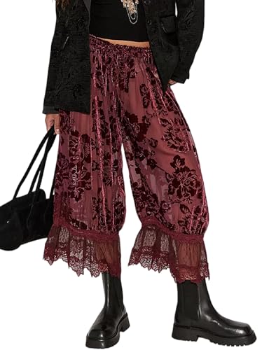 Image of UAURORAO Women Lace Trim Bloomer Pants Flowy Culottes Pantaloons Bloomers