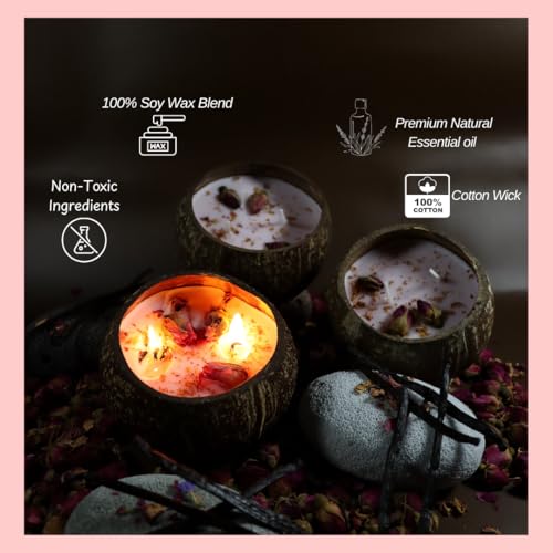 WaxCraft-Coconut-Shell-Candles-Soy-Wax-HolidayHome-DecorGiftHandcrafted-Eco-FriendlyFall-ScentedAromatherapy40-Hours-Burn-timeRose-Magnolia-VanillaDried-Rose-Bud-Petals-116oz