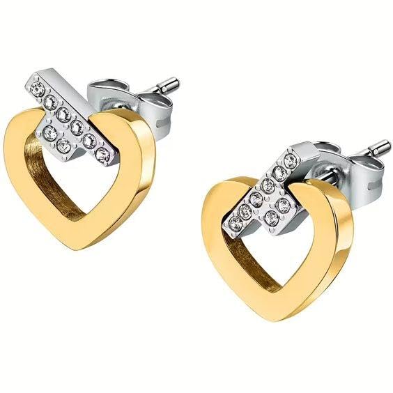 Orecchini Tamaris TJ-0613-E-26 A Cuore Doppio, In Acciaio Inox Con Finitura IP Oro Lucido. Grandezza 2,6 Cm, Chiusura A Incastro. In Sacchetto Originale.