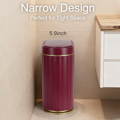 Image of ELPHECO 2 Gallon Sensor Trash Can - Motion Sensor Bathroom Garbage Can with Lid, Automatic IPX5 Waterproof Trash Bin, Slim Garbage Bin for Bathroom, Office, Bedroom, Living Room, Burgundy Gold