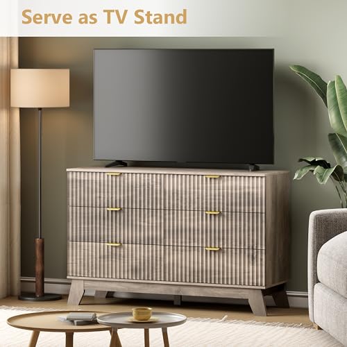 Image of Wodeer 6 Drawer Fluted Dresser for Bedroom, Mid Century Modern Wooden Dresser with 6 Drawers, Dressers & Chests of Drawers with Metal Handle, TV Stand & Storage Organizer for Entryway, Hallway, Grey