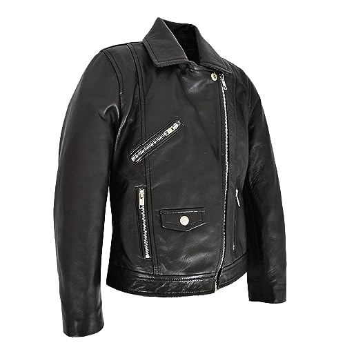Girls Kids Children Real Leather Cross Zip Biker Style Jacket Emily Black4