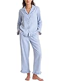Flygo Womens Striped Pajama Sets 2 Piece Cotton Lounge Sets Button Down Top Straight Leg Pants with Pockets Y2K Pjs Sleepwear (Blue-L)