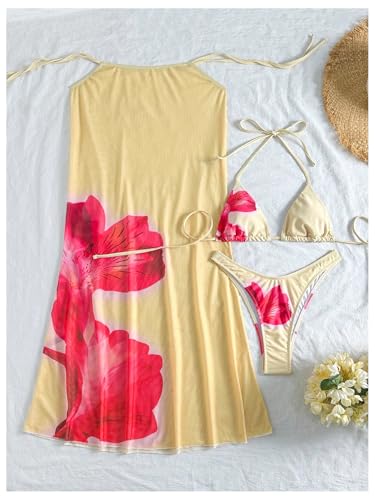 Women's 3 Piece Floral Bikini Sets Triangle Halter String High Cut Swimsuit with Cover Up Skirt4