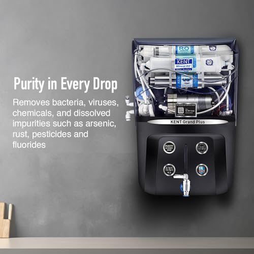 Image of KENT Grand Plus RO Water Purifier | RO+UV+UF+TDS Control+UV in Tank | .0001 Micron RO Membrane | ISI Marked | Auto Flush Feature | 9L Tank | 20 LPH | Ideal For Borewell /Tanker /Municipal Water | Black