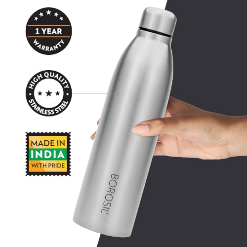 Image of Borosil 950 ml Hydra 3pc Set of Juno Stainless Steel Water Bottle | ISI Certified, Made in India Bottle | Single Wall, Leakproof, BPA Free| Bottle for Office, School, College & Gym | 1 Year Warranty