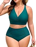 FemiChic Maillot de Bain Femme 2 Pieces Grande Taille Gainant Bikini Taille Haute Ventre Plat Maillots Deux Pièces Col en V Vacances Plage Beachwear(Vert Paon,XXL)