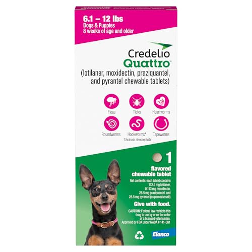 Credelio Quattro Dog Flea & Tick Treatment + Heartworm & Parasite Protection, 6.1-12 lbs (1 Chewable Tablet)