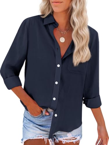 Womens Button Down Shirts Cotton Dress Shirts Oxford Shirts Long Sleeve Work Blouses Collared Tops Tunics with Pocket-Navy Blue M