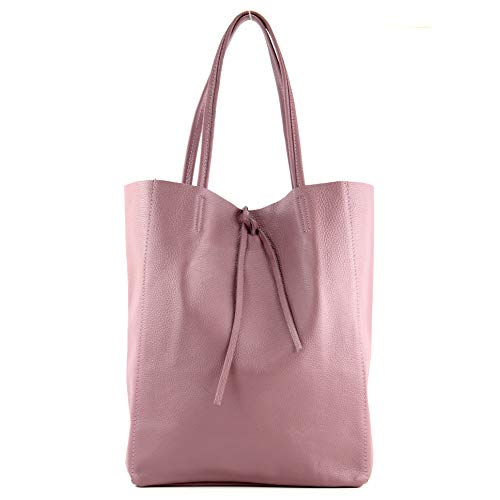 Bolso tote grande de cuero genuino con bolsillo interior con cremallera - modamoda de, modelo T163, color rosa claro miniatura 4