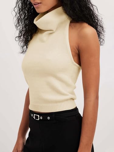 Image of Langwyqu Womens Turtleneck Sweater Vests Sleeveless Knit Halter Tank Tops Sexy Loose Cami Shirts
