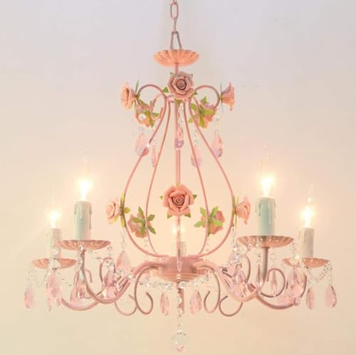 Pink Crystal Chandelier for Girls Room - 5-Light, H20.5 W 23.6" Rose Flower Style
