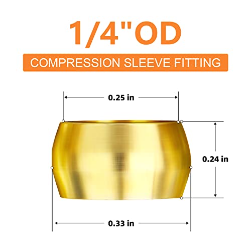 Gasher 100Pcs Brass Compression Fitting, Brass Compression Sleeve Ferrules 1/4" Tube Od #TOP1