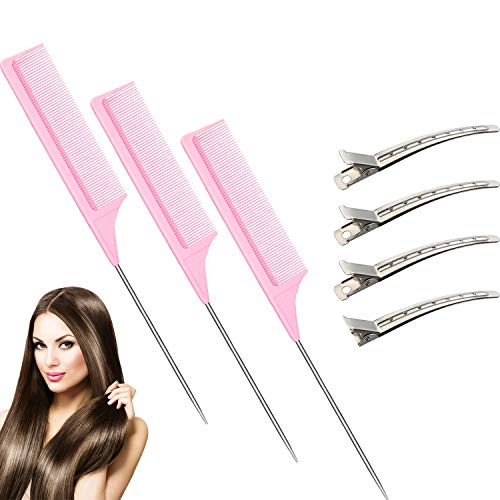 3 Packs Carbon Tail Comb Fiber Teasing Combs Rat Tail Comb Stainless Steel Pintail Comb Heat Resistant Teasing Comb Metal Alligator Curl Clips (Pink)