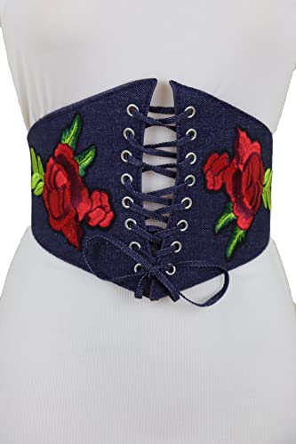 Women Fashion Wide Corset Stretch Belt High Waist Dark Blue Navy Denim Flowers S M4