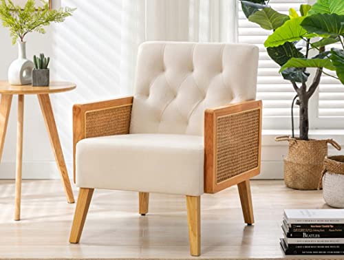 Sessel Wohnzimmer mit Rattan Armlehne und Holzbeinen Gepolsterter Sessel natürlichen atmungsaktiven Rattanstuhl Samt Stuhl Polstersessel für Schlafzimmer Balkon Arbeitszimmer (Beige) Cover