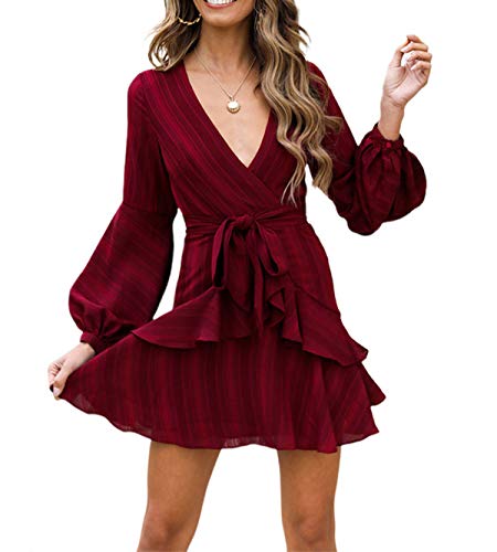 R.Vivimos Women's Autumn Long Sleeve Deep V Neck Chiffon Ruffles Mini Dress (Medium, Red)