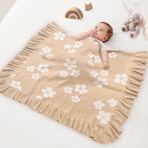 Image of Cotton Baby Blanket | 30x40 Inches Knitted Receiving Blanket with Ruffled Edges & Floral Design for Newborns, Crib & Stroller Use, Premium Gift Choice (Beige)