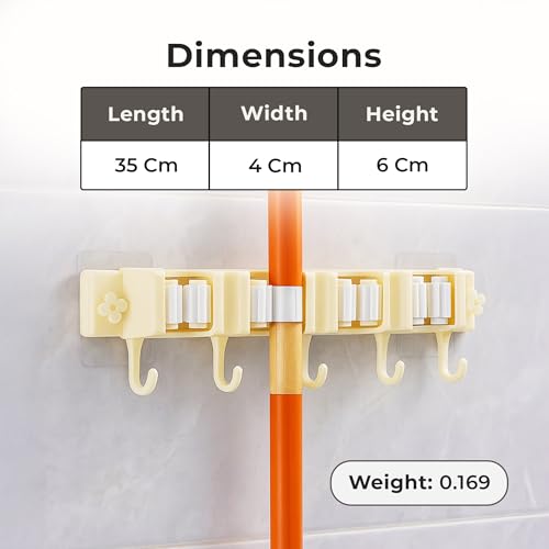 Image of HomeEssentials Mop & Broom Holder: Wall-Mounted Organizer with 4 Racks & 5 Hooks. Heavy-Duty Self-Adhesive Storage for Kitchen, Garage & Laundry. Space-Saving Utility Rack for Garden Tools (Beige)