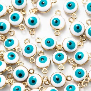 16 pieces Lucky Eye Turkey Evil Eye Gold Tone Charms Connectors White Blue Beads 5mm - 10mm (CB241)