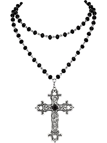 Sacina Layered Black Beaded Cross Y2k Necklace, Gothic Emo Grunge Necklace, Goth Jewelry, Halloween Christmas Jewelry Gift For Women
