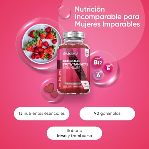 Multivitaminas y Minerales para Mujer - 90 Gominolas Sabor Fresa y Frambuesa - 13 Nutrientes Esenciales como Aceite de Onagra, Ácido Hialurónico, Vitaminas B, C, E, Calcio, Yodo y Zinc - Vegano - imagen 2