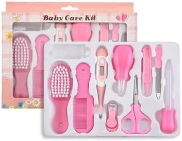 Baby Care Kit 10 Pieces Grooming Set with Brush, Hair and Nail Clippers, Kids Health Accessories (Pink)