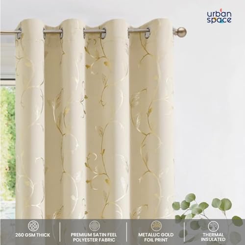 Image of Urban Space 80-85% True Blackout Curtains for Window, Gold Foil Printed Blackout Curtains, Decorative Window Curtain Eyelet with Tieback, 1 Piece Curtain for Living Room(Floral Vine Beige, 5 Feet)