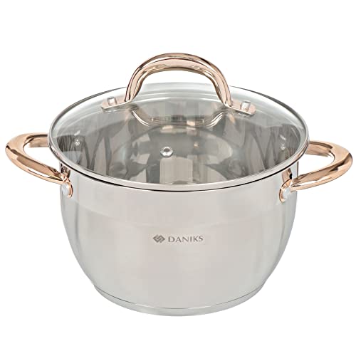 Daniks Vivat Gold Marmite INOX | Faitout avec Couvercle en Verre Tous Feux Dont Induction | 4.3 L, Ø 24 cm