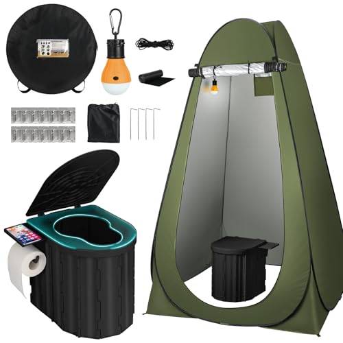 Thallike Portable Camping Toilet with Pop-Up Privacy Tent, 12-inch Toilet Seat, Outdoor Portable Folding Toilet Potty for Adults Load Capacity of 400 Lbs, LED-Light Camping Bathroom
