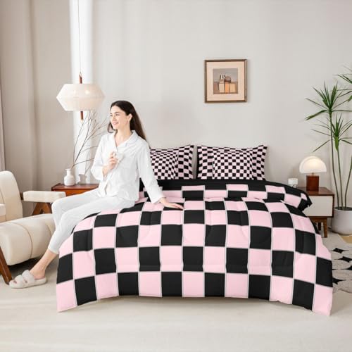 Image of Erosebridal Plaid King Comforter Set with Sheets 7 Piece Pink Black Checkerboard Bed in A Bag Geometric Checkered Bedding Sets for Kids Adults,Aesthetic Grids Bed Set