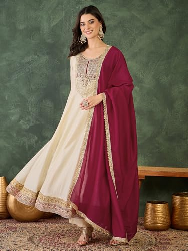 Image of Naixa-Women's Vichitra Silk with Lining Embroidered Flared Kurta with Pant and Dupatta Sets (NX-881)