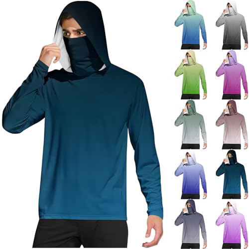 Men's Sun Protection Hoodie Face Mask UV SPF Long Sleeve Hooded Sun Shirt UPF 50 Rash Guard Hiking Swimming Running