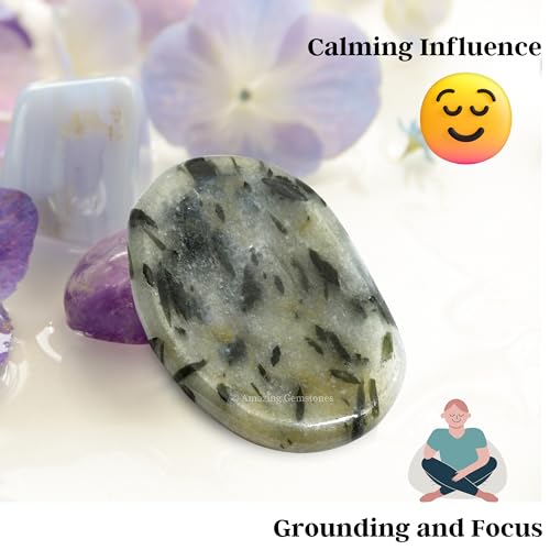 Image of Amazing Gemstone Green Tourmaline in Quartz Worry Stone Crystals and Healing Stones - Worry Stones for Stress Relief Gift - Piedra Crystal Fidget for Meditation - Stocking Stuffers and Birthday Gift