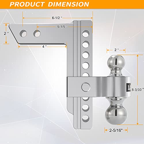 Locame Adjustable Trailer Hitch, Fits 2-Inch Receiver, 8-Inch Drop/Rise Aluminum Drop Hitch, 12,500 Lbs Gtw-Tow Hitch For Heavy Duty Truck With Double Stainless Steel Locks, Silver, Lc0004 #TOP4