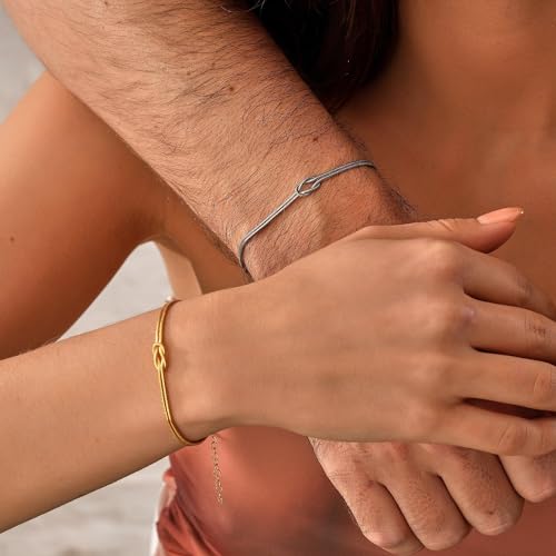 Matching Bracelets for Couples，Dainty Gold Love Knot Bracelet 14K Gold Plated Herringbone Chain Bracelet Relationship Jewelry Gifts for Best Friend2
