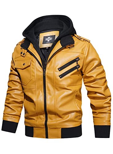 Image of HOOD CREW Men's Casual Stand Collar PU Faux Leather Zip-Up Motorcycle Bomber Jacket With a Removable Hood