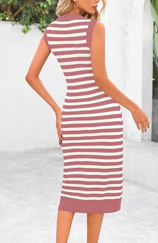 Image of BTFBM Casual Women Spring Dresses 2025 Sleeveless Striped Midi Button Down Dress Ribbed Knit Cardigan Cover Up Dress
