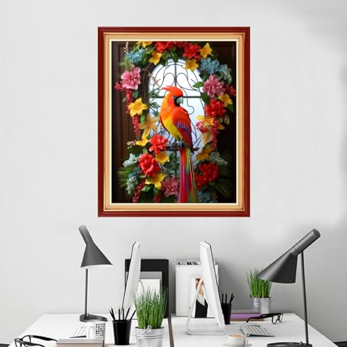 Image of Foxhool Beginners Cross Stitch Kits Stamped Full Range of Embroidery Kits for Adults DIY Cross Stitches kit Embroidery Patterns for Needlepoint kit-Wreath Parrot 16x20 inch