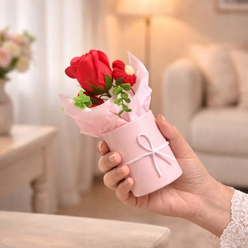 Image of Art Street Artificial Rose & Knitted Daisy Flower Bouquet in Pink Box - Handmade Decorative Floral Arrangement for Home Decor, Mothers Day Gifting, Office Table, & Anniversary