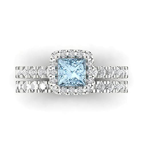 Clara Pucci 1.56 tcw Princess Cut NaturalAquamarine Wedding Ring Set for Women | 14K White Gold 2-Piece Womens Anniversary Ring for her, Womens Solid Gold Stackable Eternity Band and Vintage Gold Ring