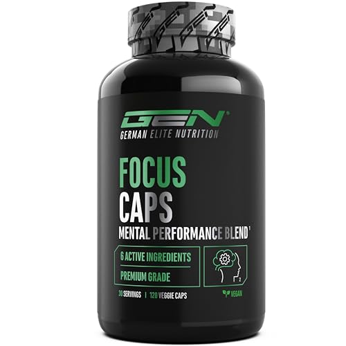 Focus Caps - 120 Kapseln - Mental Performance Blend mit L-Theanin Grüntee Guarana Citrus Aurantium Extrakt Koffein D-Glucuronolactone - Hochdosiert vegan