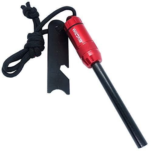 WILDAIR Ferrocerium Ferro Rod Fire Starter with Flint Striker Storage Capsule Fire Paracord Magnesium Bushcraft Flint and Steel Fire Starter Emergency Survival Kits (Red)
