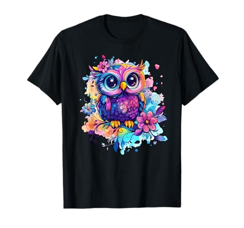 Lebendige Bunte Eule mit Blüten T-Shirt
