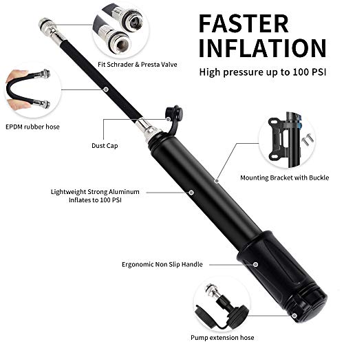 Mempedont Mini Bicycle Pump, Bike Tire Pump with Glueless Puncture Repair Kit & Mount Kit, Fits Presta & Schrader, for Road, Mountain & BMX Bikes, 100 PSI High Pressure, Fast Tire Inflation