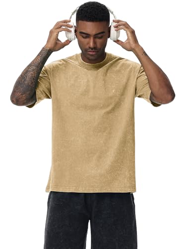 Image of Men's Oversized Cotton T-Shirts Loose Fit Vintage Washed Tee Unisex Short Sleeve Casual Shirts Tops
