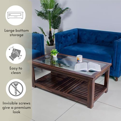 Image of Sheesham Wood Coffee Table with Storage Wooden Tea Table with Glass Top for Living Room Home Office Furniture Solid Wood Teapoy (Walnut Finish)